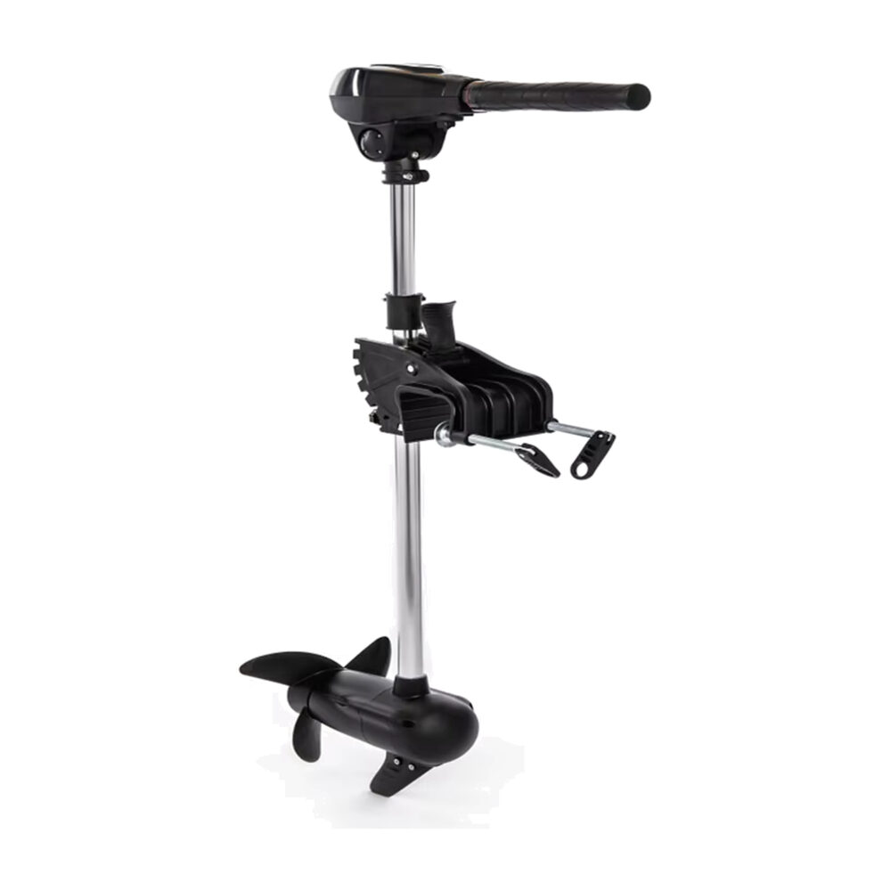 Wattkeel P150 electric outboard motor, three-quarter view Wattkeel P150 850 W brushless electric outboard motor in three-quarter view, with tiller handle and propeller
