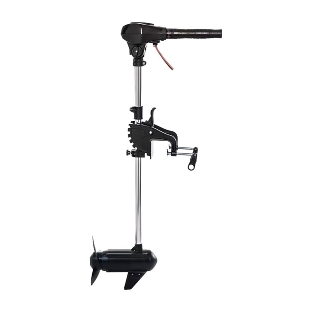 Wattkeel P300 1800 W brushless electric outboard motor in side view, with stainless steel shaft, tiller handle and transom clamp