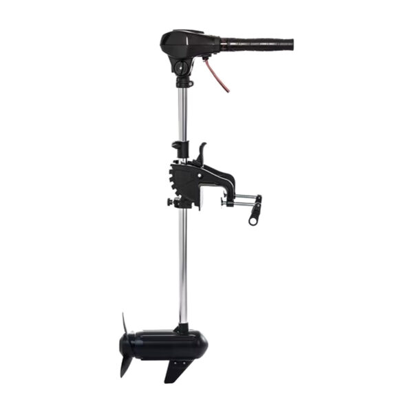 Wattkeel P300 1800 W brushless electric outboard motor in side view, with stainless steel shaft, tiller handle and transom clamp
