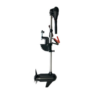 Wattkeel P350 2 kW electric outboard motor, side view Wattkeel P350 2 kW brushless electric outboard motor seen from the side, with transom bracket and battery clamps