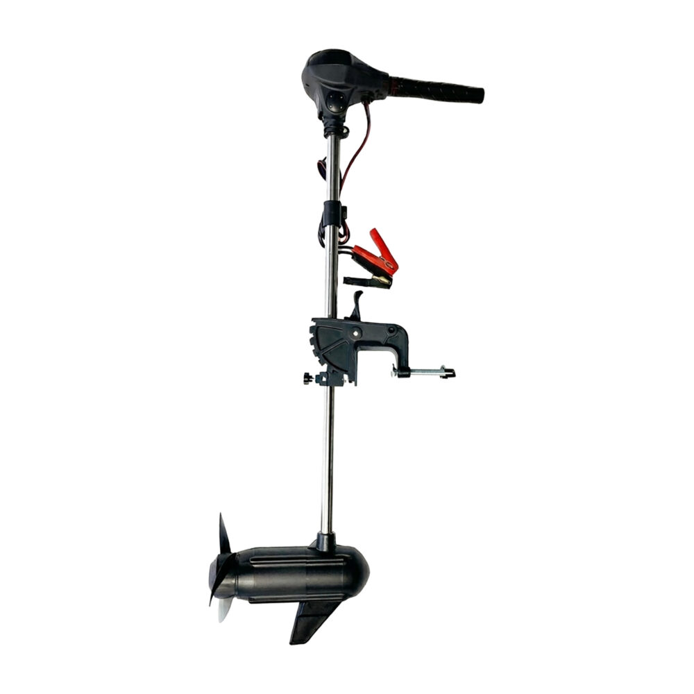 Wattkeel P350 electric outboard motor, tiller side Wattkeel P350 electric outboard motor from the tiller side, showing the handle and transom clamp