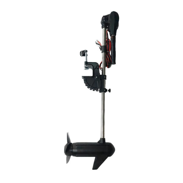 Wattkeel P400 48V brushless electric outboard motor, side view on a transom mount