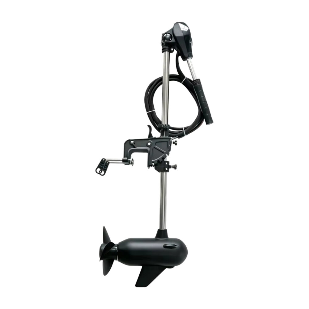 Wattkeel P500 8 kW electric outboard motor, transom bracket side Wattkeel P500 8 kW electric outboard motor from the bracket side, showing the transom clamp and depth adjustment collar