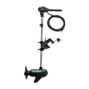 Wattkeel P500 8 kW electric outboard motor, side view Wattkeel P500 8 kW brushless electric outboard motor seen from the side, with propeller and coiled power cable