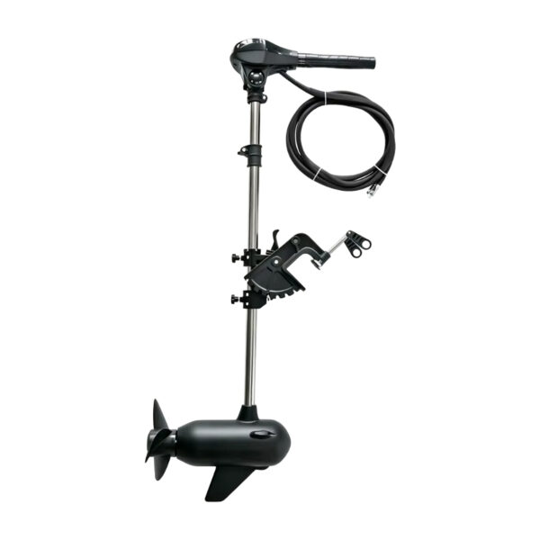 Wattkeel P500 8 kW brushless electric outboard motor seen from the side, with propeller and coiled power cable